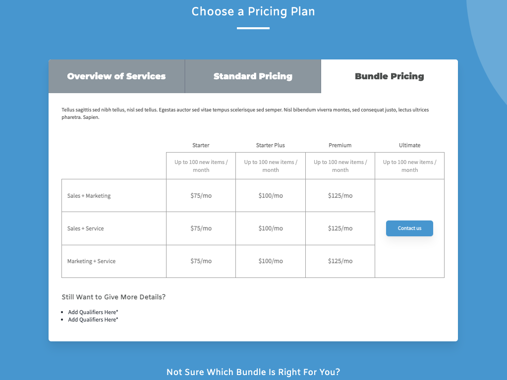 Product Pricing and Features Table